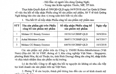 Công văn số 2081/SYT-NVD v/v Thu hồi số tiếp nhận phiếu công bố sản phẩm mỹ phẩm.